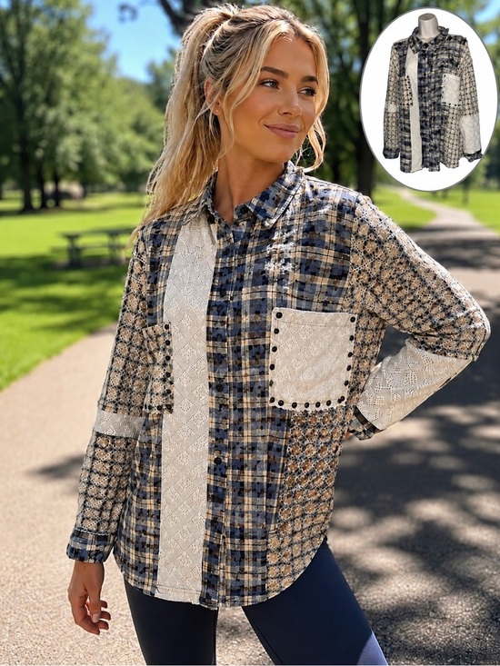 POL Tops - 🌸POL L Blue and Cream Patchwork Plaid Button-Down Shirt P003